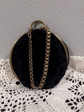 Black Velvet Round Evening Clutch or Wristlet with Chain Pink interior